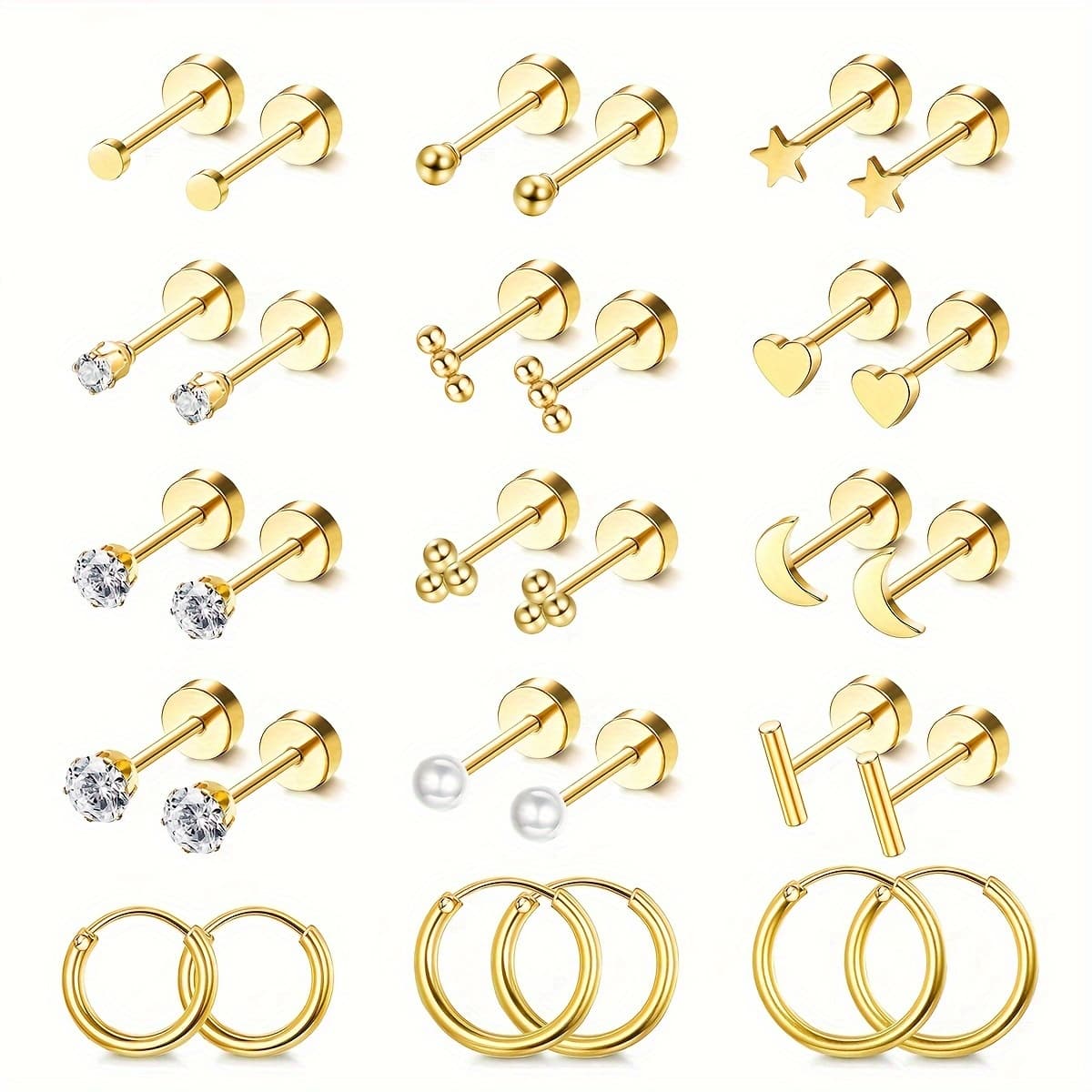 [Flat Back Earrings] 15 Pairs - Women Men Small Flat Back Stud Earrings - 14K Golden Plated Earring Sets - Hypoallergenic - Tiny Screw Back Cartilage Earring - Small Hoops 8-10-12mm - 2D Flat