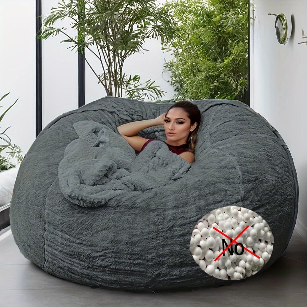 6ft Machine Washable Soft & Fluffy Faux Fur Bean Bag Chair Cover - Grey & Blue, No Fill Included, Versatile for Living Room Decor