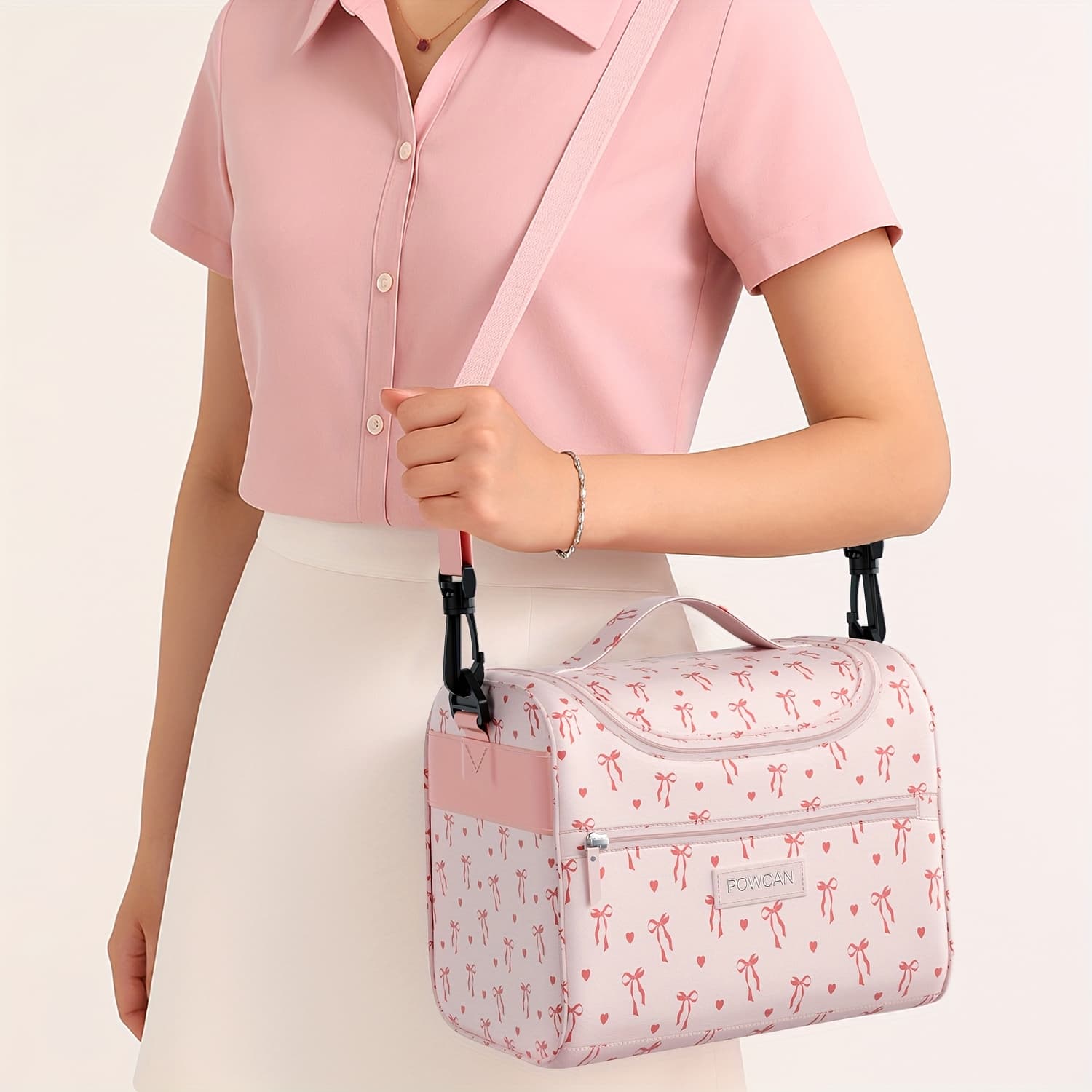 POWCAN Pink Bow Lunch Bag - Durable Fabric, Shatterproof, Ideal for School, Office, And Travel, Perfect for Thanksgiving, Christmas, Halloween, Easter, Hanukkah, Halloween, Thanksgiving Day, School Lunch Bag|Playful Pattern Bag|Durable Lunch Bag, Lunch Bag, Non Food Contact