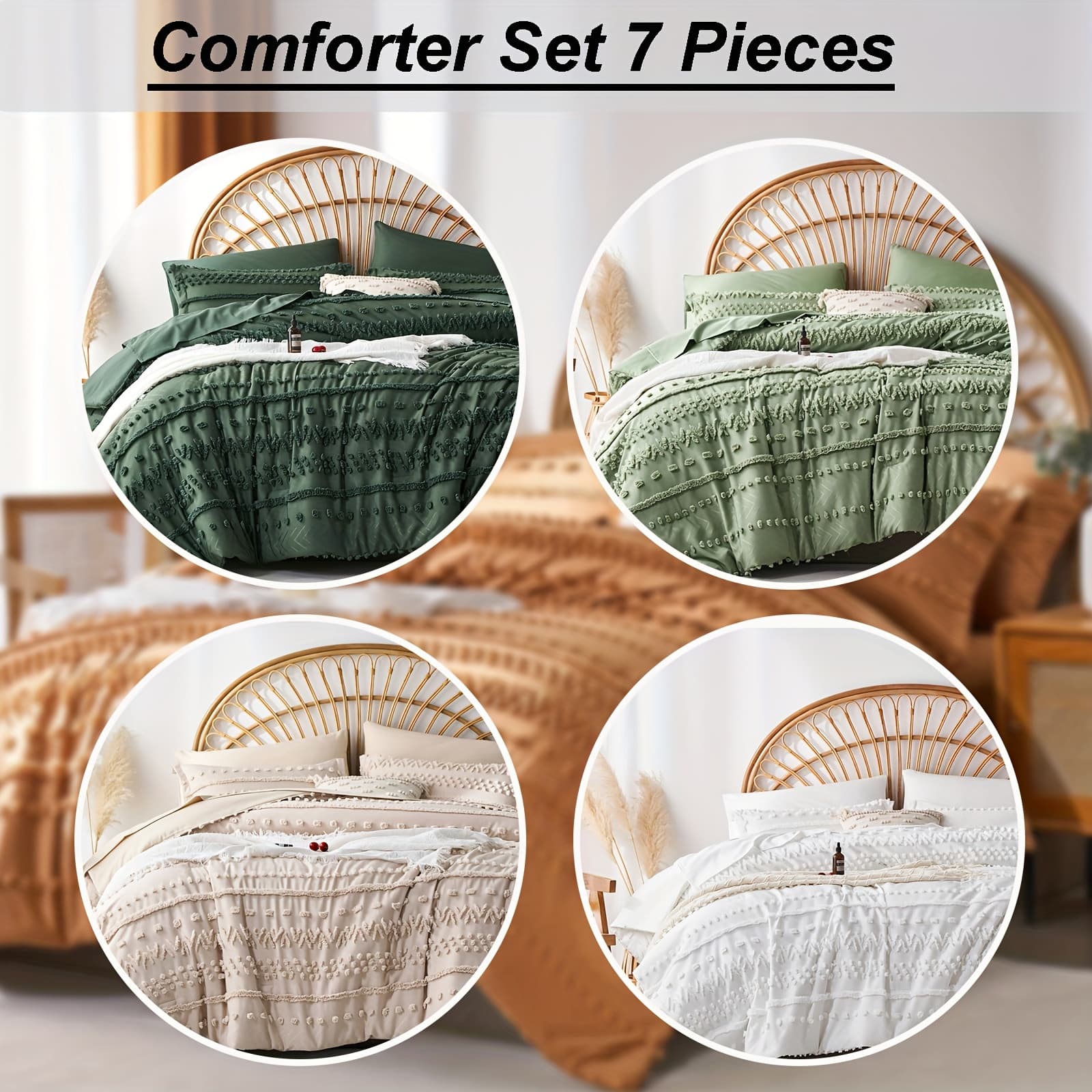 7pcs Tufted Boho Shabby Chic Comforter Set, Bed In A Bag Queen And King Size, Soft Microfiber Lightweight Bedding Set for All Seasons