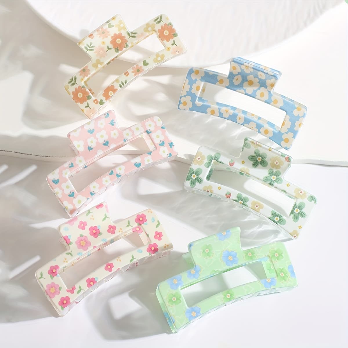 6pcs Floral Print Hair Claws for Women and Girls, Large Plastic Hair Clips, Strong Hold for Thick Hair, Rectangular Colorful Hair Accessories with Elegant Minimalist Design, Valentine'S Day Gift Idea, Cute Hair Claws
