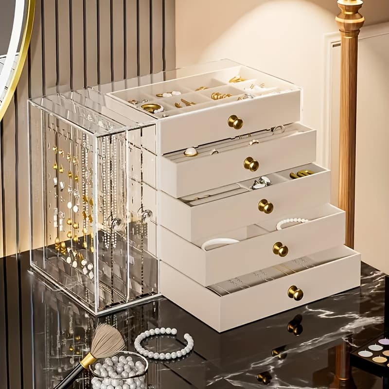 2 Hanging + 5-Tier Large Capacity Transparent Desktop Drawer Jewelry Organizer - Multi-Layer Design, Bracelet and Necklace Storage Box, Watch Holder with Multiple Compartments, Ring Case, Earring Storage Rack, Soft Lined Necklace and Bracelet Keeper, Jewelry Chests