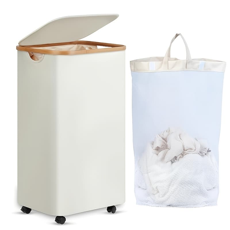 1pc 78L Laundry Hamper with Liner, Bedroom Storage Basket, Dorm Organizer, Graduation Season Laundry Basket, Summer Dirty Clothes Hamper, Laundry Basket with Wheels and Brake, Breathable Fabric, Side Handle, Sturdy Frame, Available in Beige, Black, Pink, White, Laundry Hampers