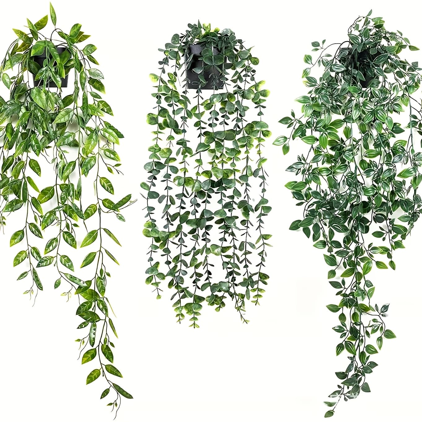 3pcs Artificial Hanging Potted Plants, Fake Eucalyptus Vine, Mandala Rattan and Pea Pod, Indoor/Outdoor Decor with Pots