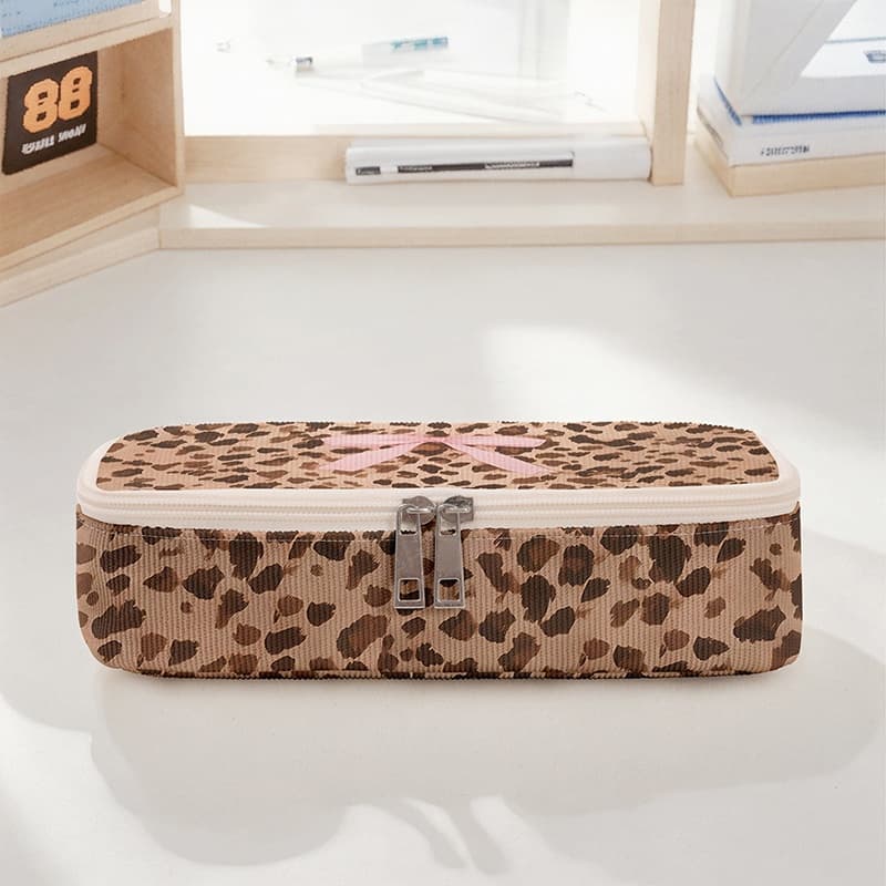 Spacious Leopard Print Pencil Case with Pink Bow Design - Multi-Compartment Organizer for Office & School Supplies, Durable Zippered Storage Box with Multiple Pockets, Pencil Pouch