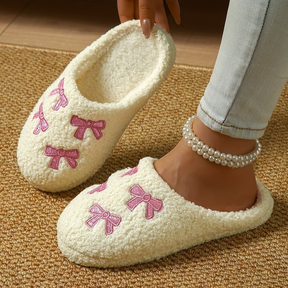 Women's Slip-On House Shoes - Soft Open-Toe Indoor Slippers, Non-Slip TPR Sole, All-Season Cushioned Footbed - Elegant Pink Bow Design in / - Mother's Day & Valentine's Gift for Women - Home Floor Shoes, Ladies Slippers, Decorative Slipons, Plush Fabric Construction