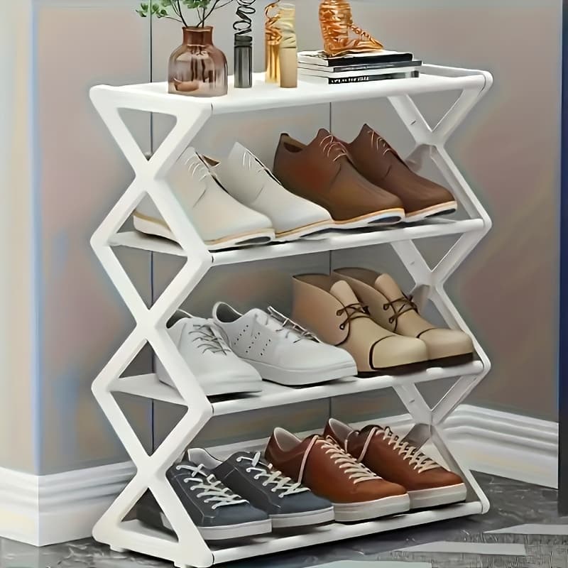 4-Tier Stackable and Foldable Plastic Shoe Rack – Space-Saving Storage Box for Entryway, Hallway, Bedroom, and Dormitory, X-Shaped Design in Multiple Colors, No Assembly Required