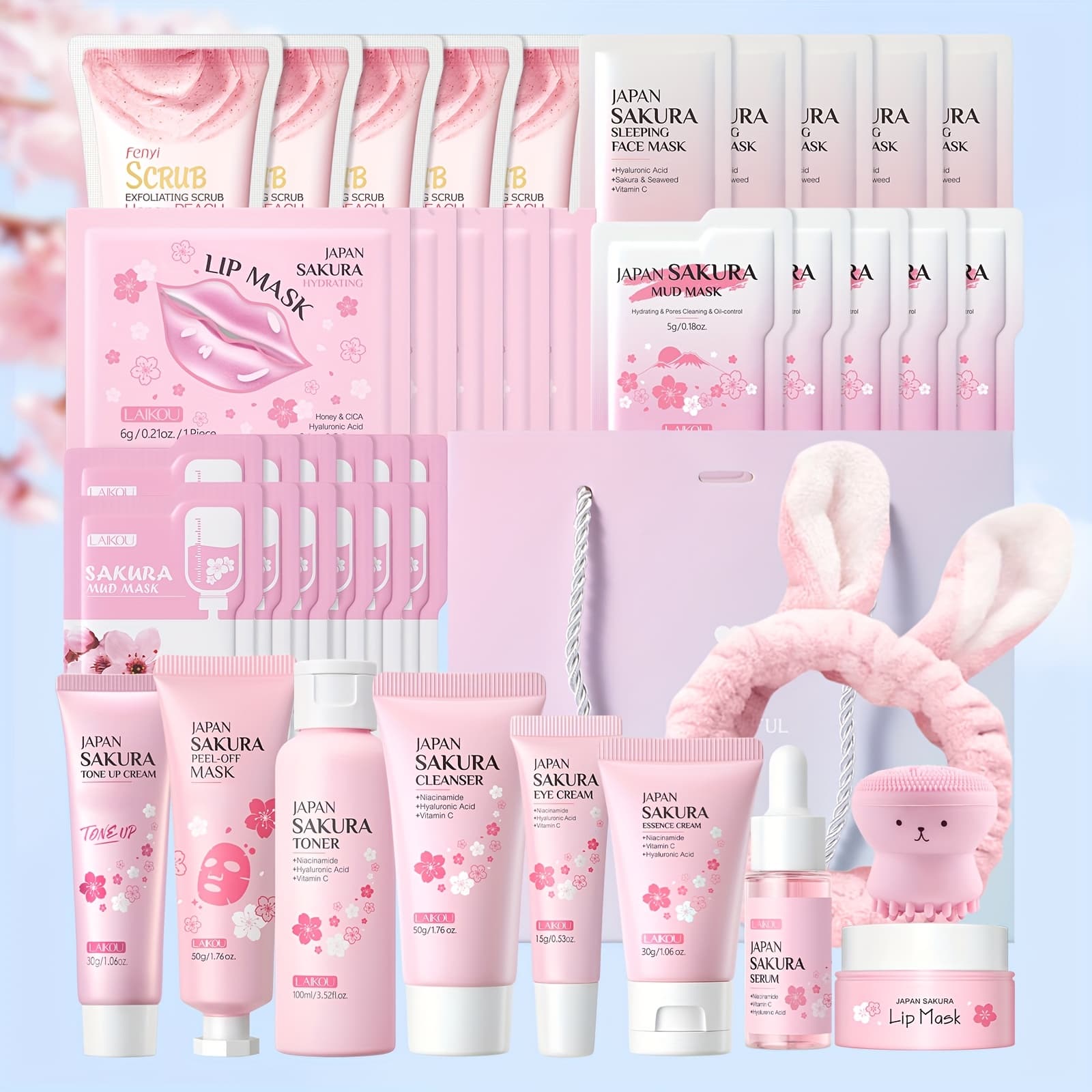 30pcs Sakura Light Beige Care Set - Gentle Cleansing Moisturizing Hydrate with Cleansing Brush & Hairband for Girlfriend Wife Mother - Facial & Eye Care Gift & Combination Light Beige, Deep Moisturizing