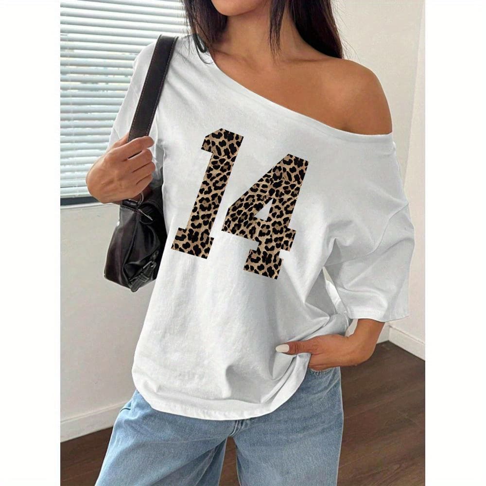 Women'S Y2K Leopard Print T-Shirt - Casual Off-Shoulder Loose Fit, Short Sleeve Top with Bold Number 14 Design, Light Gray Summer Tee for Casual Attire, Leopard Print Tee, Casual Attire Top, Y2K Fashion, Leopard Print Design