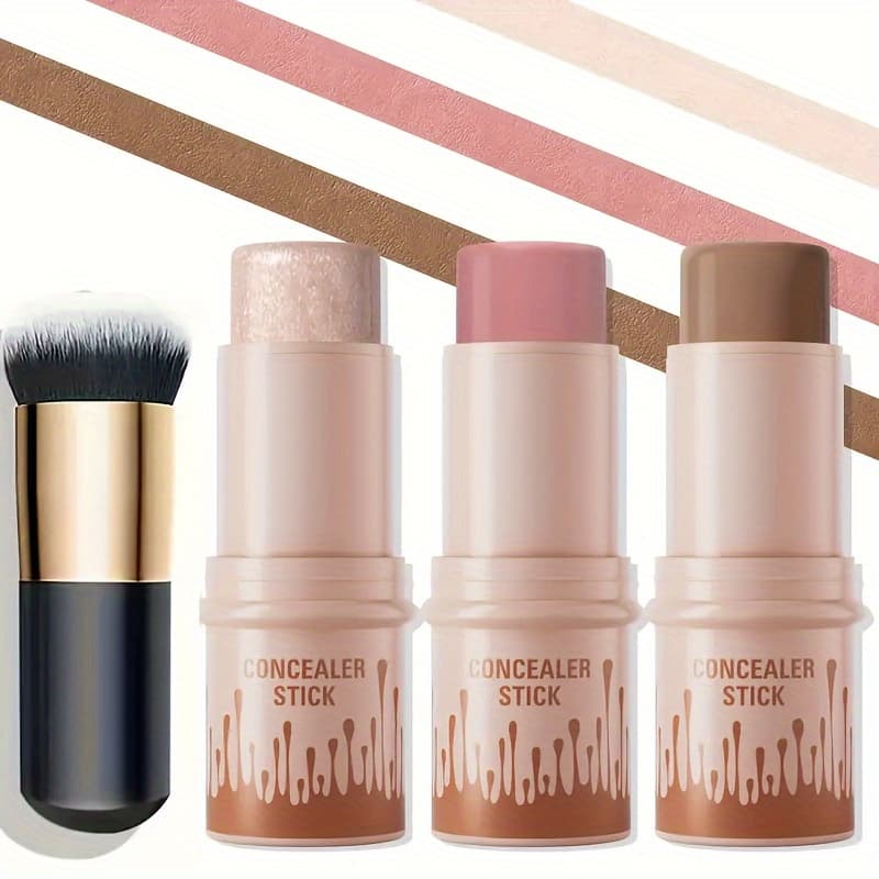 3pcs Contour Stick, Blush Stick, Highlighter Stick, Bronzer Stick, 3pcs Cream Contour Kit With Brush For A Flawless Look, Contour Stick Makeup Non-Greasy Waterproof, Long-lasting Fair-Medium for Halloween
