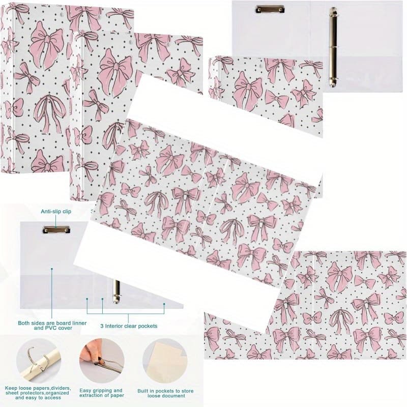 Pink Hardcover 3-Ring Binder with Clipboard - Clear Presentation View Organizer for 3-Hole Punch Letter Size, Holds 200 Sheets, Durable & Stylish Design for Office, School, or Home Use, School Supplies, Decorative Bow Design, Sturdy Construction