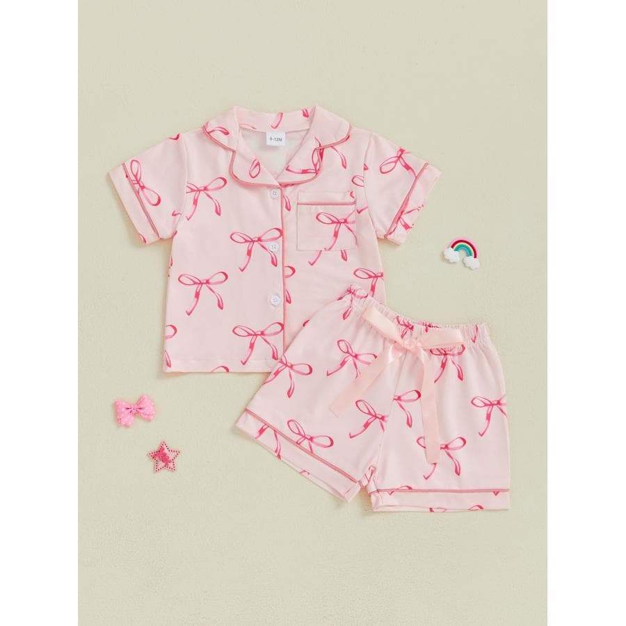 Girls Summer 2pcs Sets Short Sleeve Lapel Bow Print Shirt Shorts wear, for Outdoor