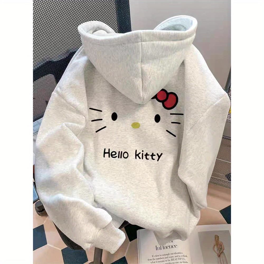 Sanrio Women's Autumn/Winter Cartoon Hello Kitty Print Double Stripe Design Color Block Long Sleeve Hoodie 2025 New Loose Fashion Top