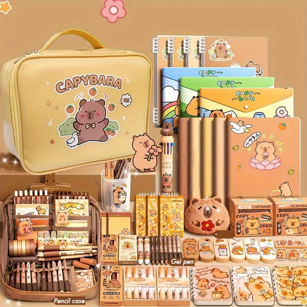 Capybara Stationery Gift Set, Soft Grip Pens, Notebook, Pencil Case, and Accessories, Cute Animal-Themed Study Essentials Pack for Students - Image 1