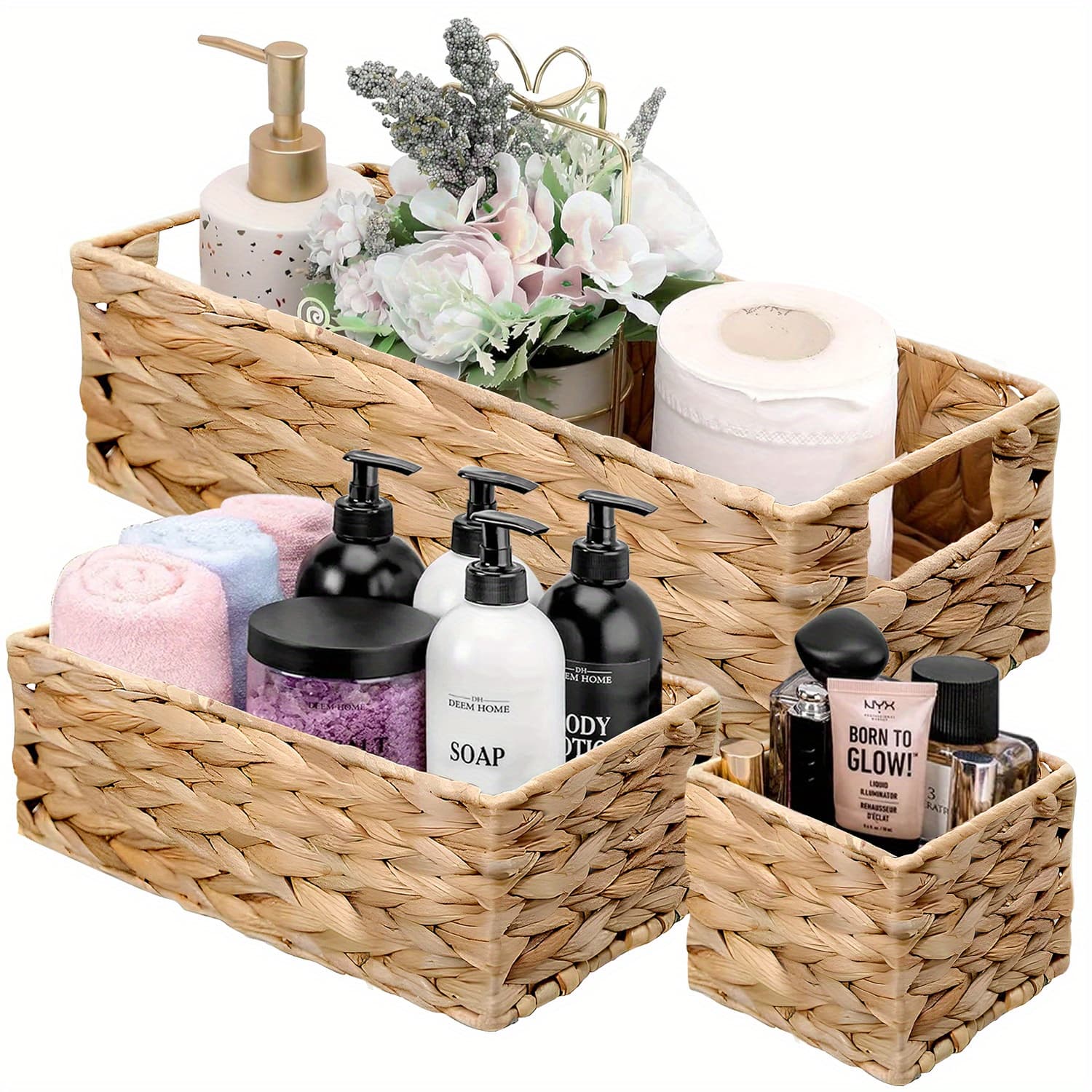 [Vintage Storage Baskets] 3pcs Vintage Willow Woven Storage Baskets | Hand-Woven Multifunctional Organizer Boxes for Bathroom, Bedroom, Office - Ideal for Mother's Day, Valentine's Day Gifts, Bathroom Basket Organizer, Shelf Baskets - Image 1
