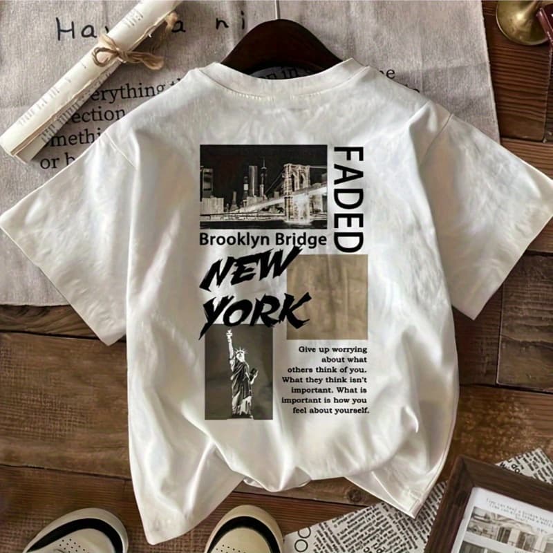 Girls & Teens Brooklyn Bridge Graphic T-Shirt - White Casual Short Sleeve Round Neck Summer Top with Motivational Quote, Lightweight Breathable Knit Fabric for Casual Attire, Youth Fashion Top | Graphic Print Tee | Comfortable Fabric, Cute T Shirts