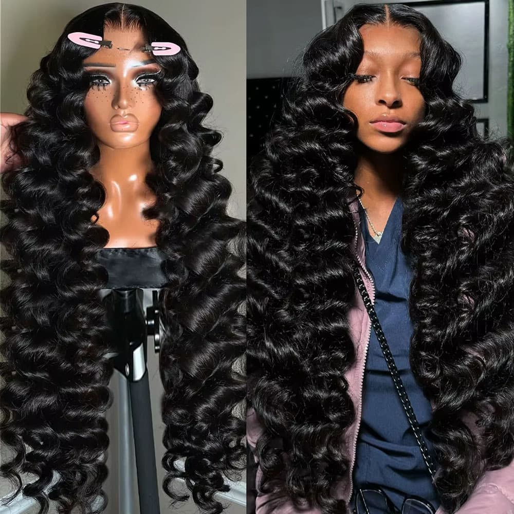 40 Inch 13x6 Brazilian Loose Deep Curly Wave Lace Front Wig - 12A High-Quality 100% Real Human Hair - 250% Density HD Transparent 13x4 Lace Frontal Wig Pre-Plucked Bleached Knots Natural Black Color Deep Wave Style for Women With Baby Hair