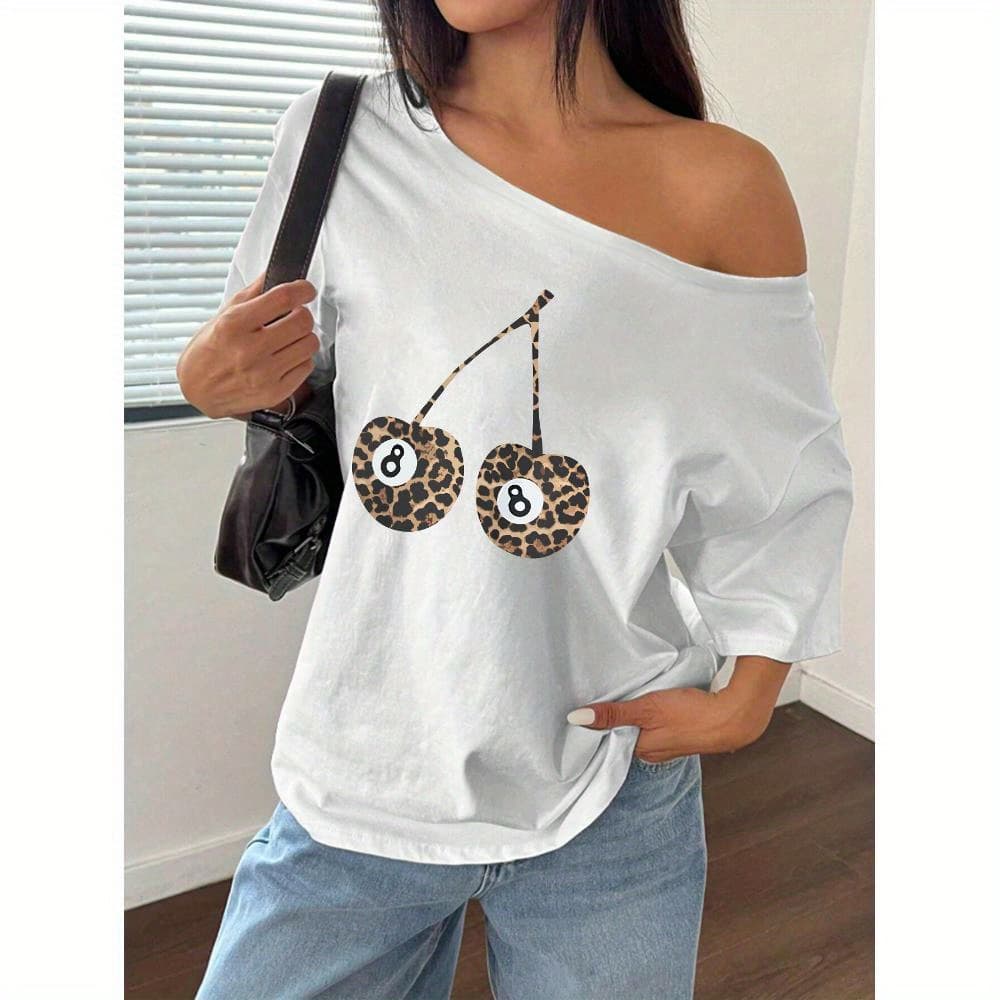 Women'S Y2K Style Off-Shoulder T-Shirt with Leopard Print Cherry 8 Design - Casual Loose Fit, White, Short Sleeve, Summer Top, Casual Summer Wear | Y2K Fashion | Glossy Texture