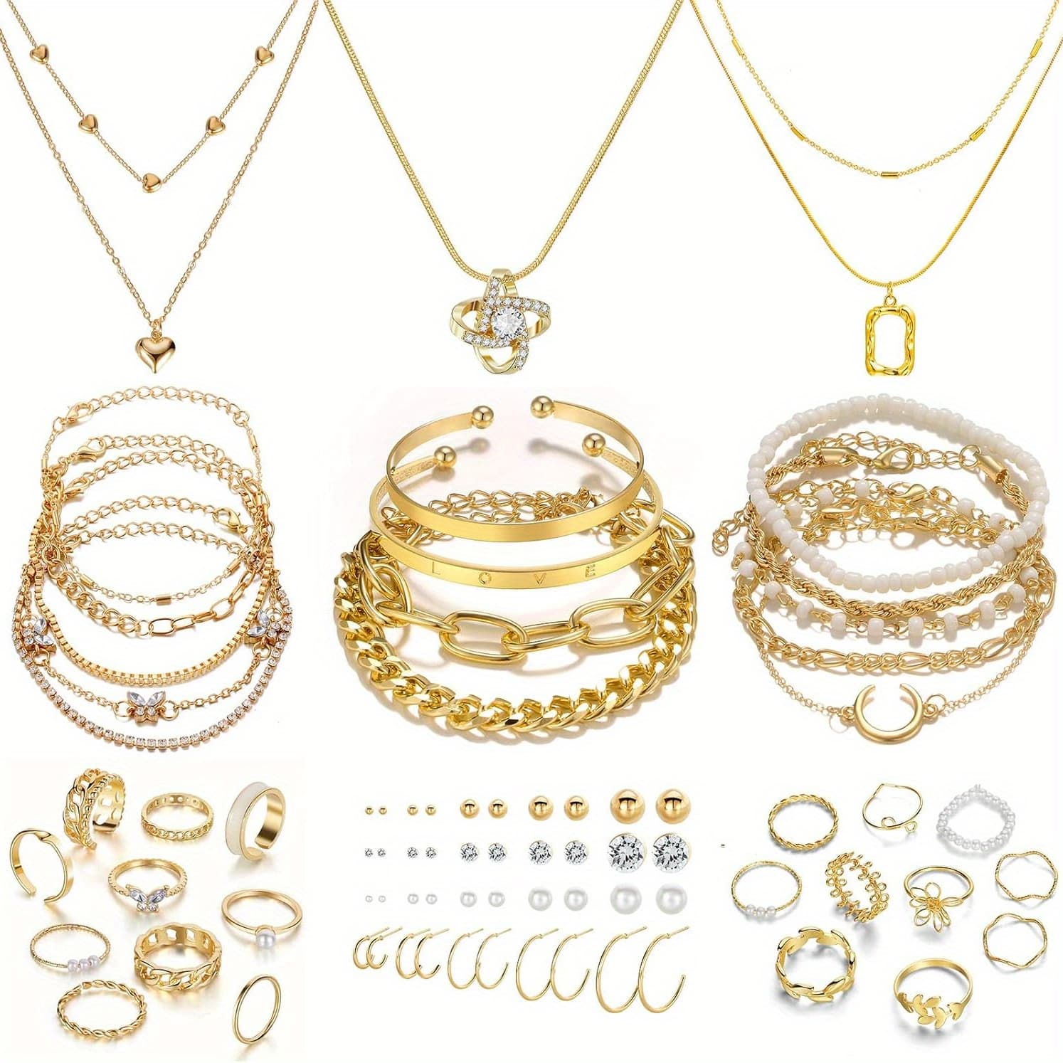 56pcs of Golden Jewelry: Necklaces, Bracelets, Ear Clips, Rings, Valentine'S Day/Anniversary/Birthday/Friendship Gifts for Women