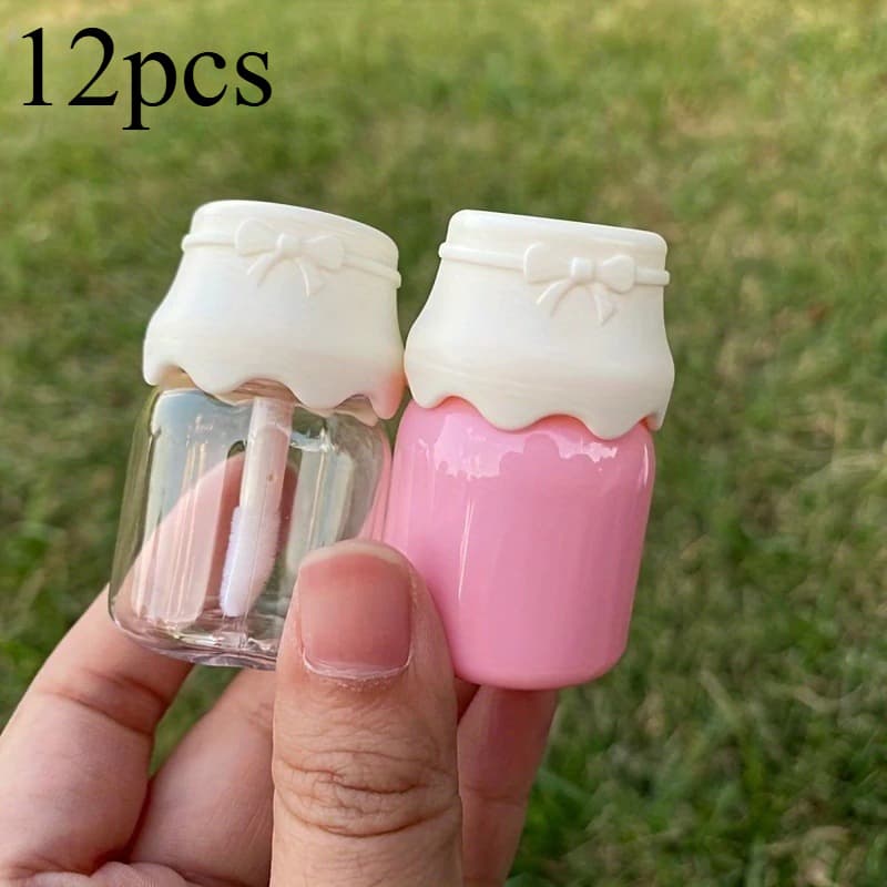 [12pcs Cute Lip Gloss] 12pcs Refillable Travel-Friendly Cute Milk Bottle-Shaped Mini Lip Gloss Tubes | Empty Plastic Jars with White Lids & Bow Details, Transparent Container, Twist Cap, Fragrance-Free - Image 1