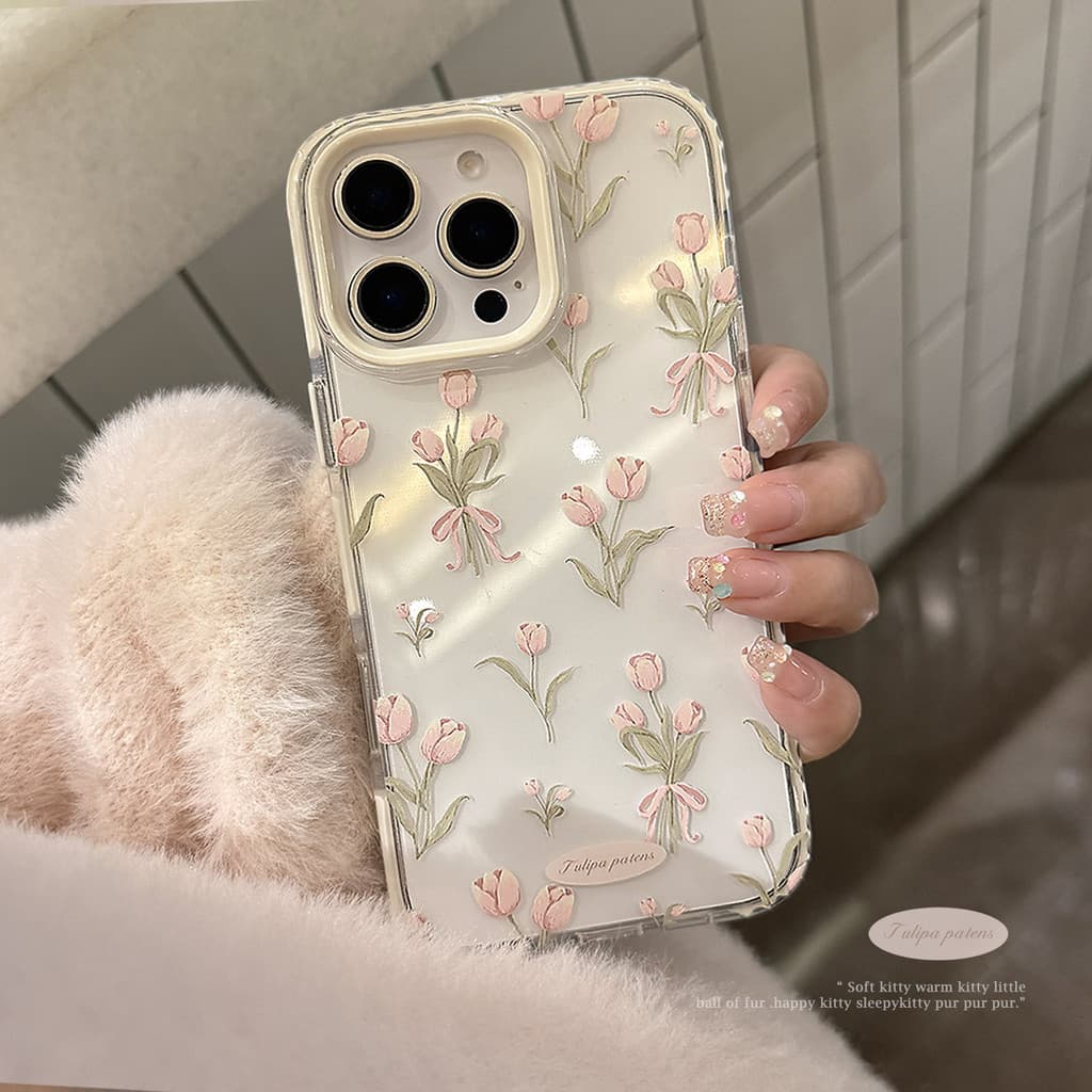 Elegant Pink Tulip Pattern Phone Case for iPhone 11 12 13 14 15 16 Pro Max for iPhone 11 12 13 14 15 16 Pro Max - Image 1
