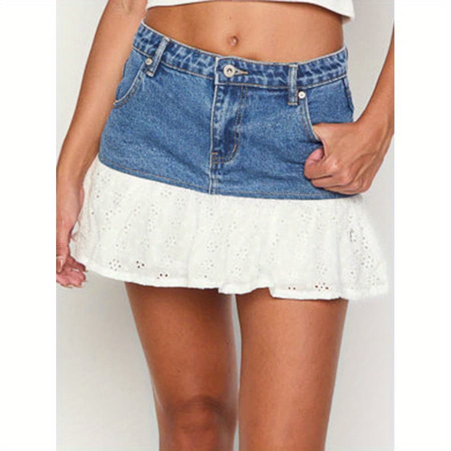 Denim Patchwork Mini Skirt for Women Hollow Lace Ruffle Hem Mid Rise A Line Skirt - Image 1