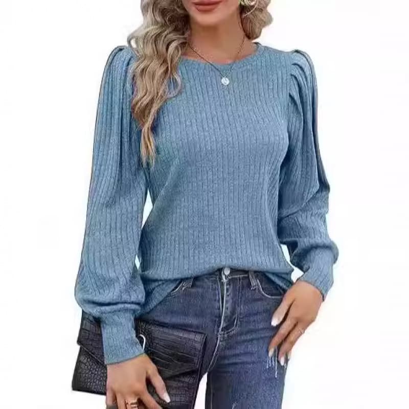 Women's Soft Blue Ribbed -like Texture T-Shirt - Puff Shoulder Long Sleeve Round Neck Top, Casual Elegant Solid Color Blouse for Spring/Autumn Layering, Hand Washable Everyday & Semi-Formal Wear
