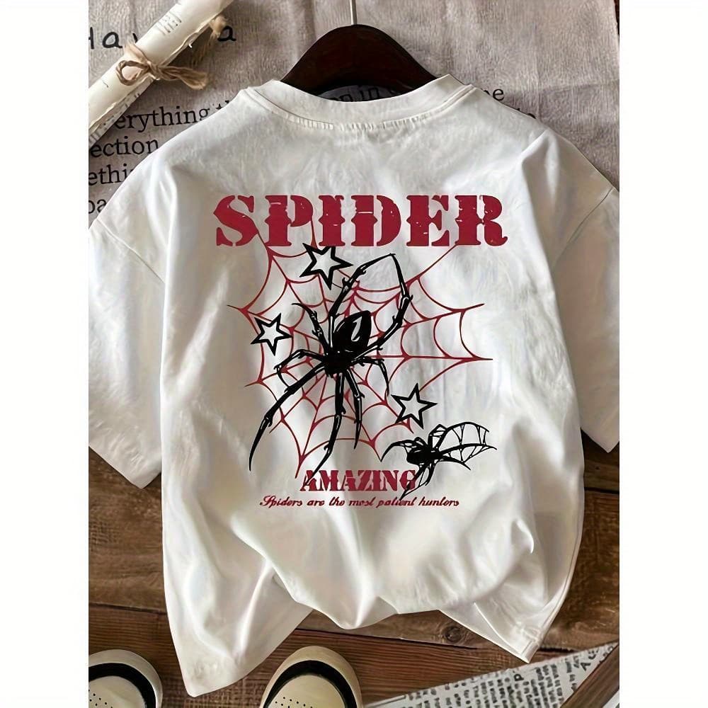 Women's 180g T-Shirt with Spider Graphic & "Amazing" Text - Casual Round Neck Short Sleeve Top for Valentine's Day, St. Patrick's Day, Football Season - All-Season Comfort, Machine Washable