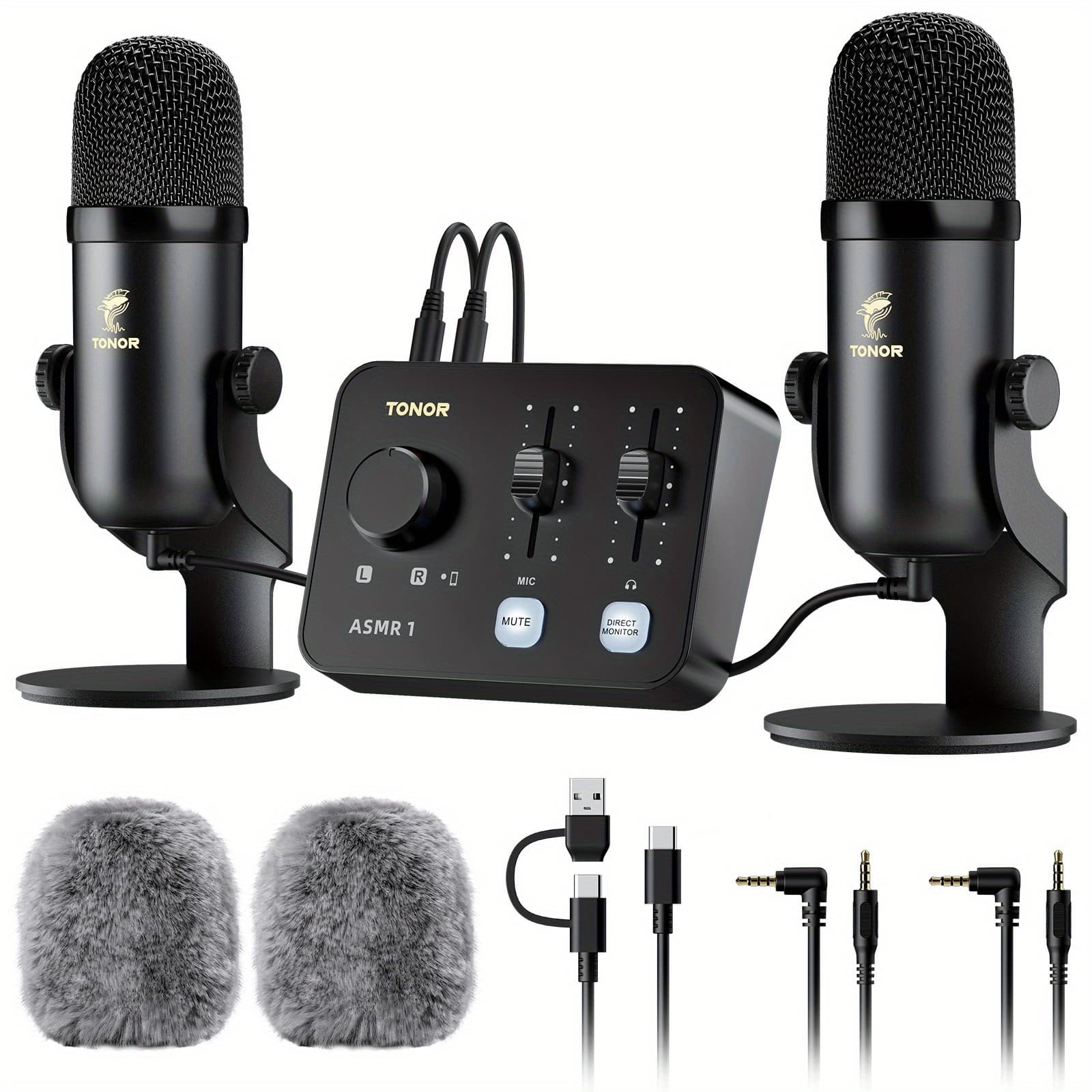 ASMR Microphone Equipment Bundle with Audio Interface, Immersive 3D Stereo Audio, Dual Condenser Mics with Audio Mixer, Clear Sound, Volume Control, with Furry Windscreens - Image 1