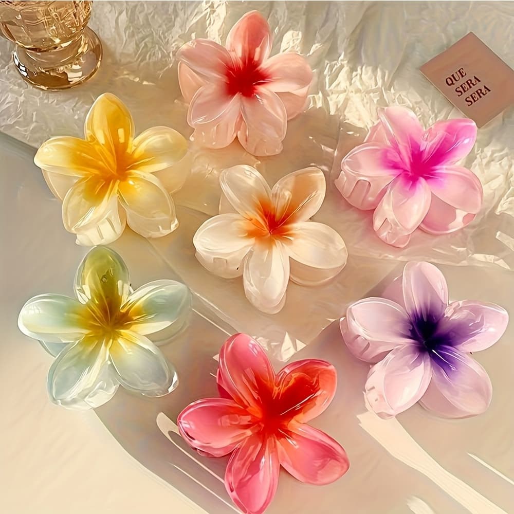 [Vibrant Hair Pins] 7pcs Vibrant Bohemian Style Gradient Flower Hair Pins | Plastic, Perfect for Spring & Summer, Ideal for Outdoor Activities & Commutes, Large Cute Gift for Women, Commute Accessories