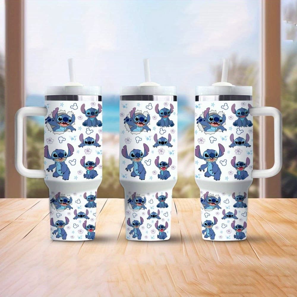 [Disney Water Bottle] Disney 1pc Large Capacity Stainless Steel Insulated Water Bottle With Handle | 40oz Tumbler With Cartoon Character Stitch Pattern Design, Rotatable Cup Lid, Suitable For Gifts For Family And Friends (With Straw) - Image 1