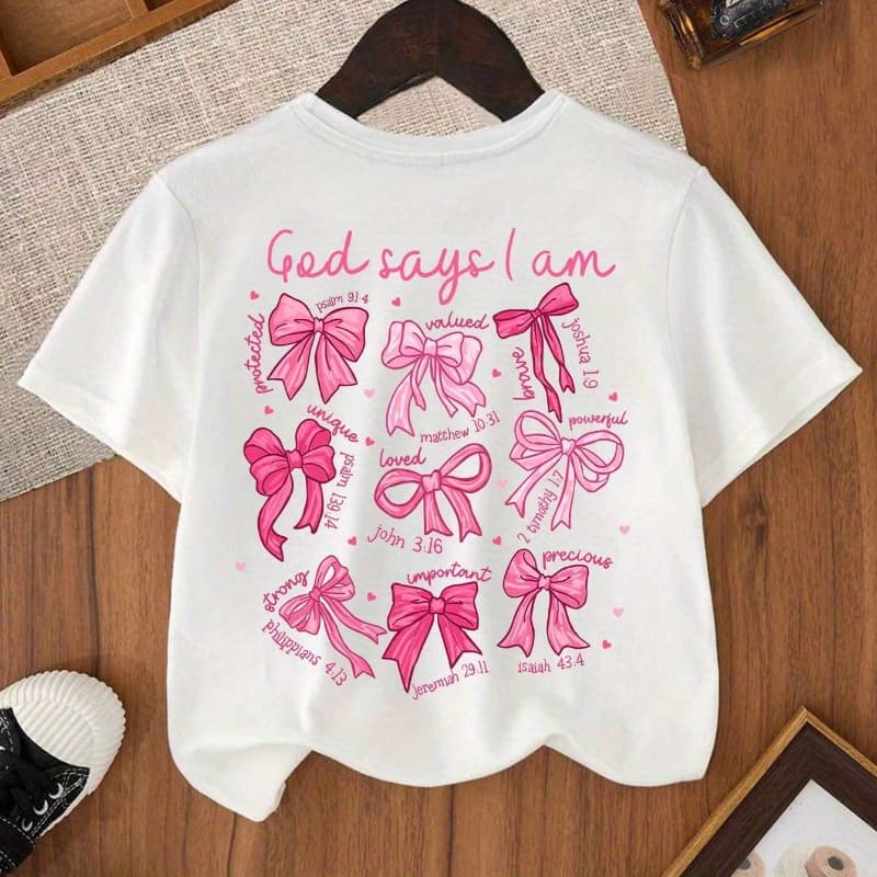 [Cotton Tween T-Shirt] 100% Cotton Tween Cartoon Bow Print Short-Sleeve T-Shirt | Round Neck Casual Tee For Tween Girl 180g Spring And Summer - Image 1