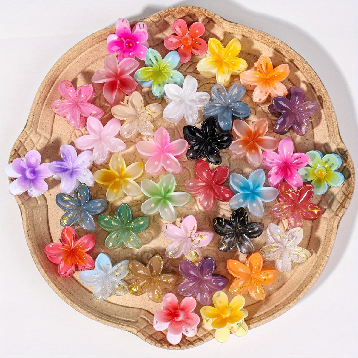 24pcs Vibrant Dahlia Hair Pins - Colorful Plastic Flower Clips with Golden Stems, Ideal for Beach, Holiday, and School Gifts, Beach Accessories | Playful Design | Durable Plastic