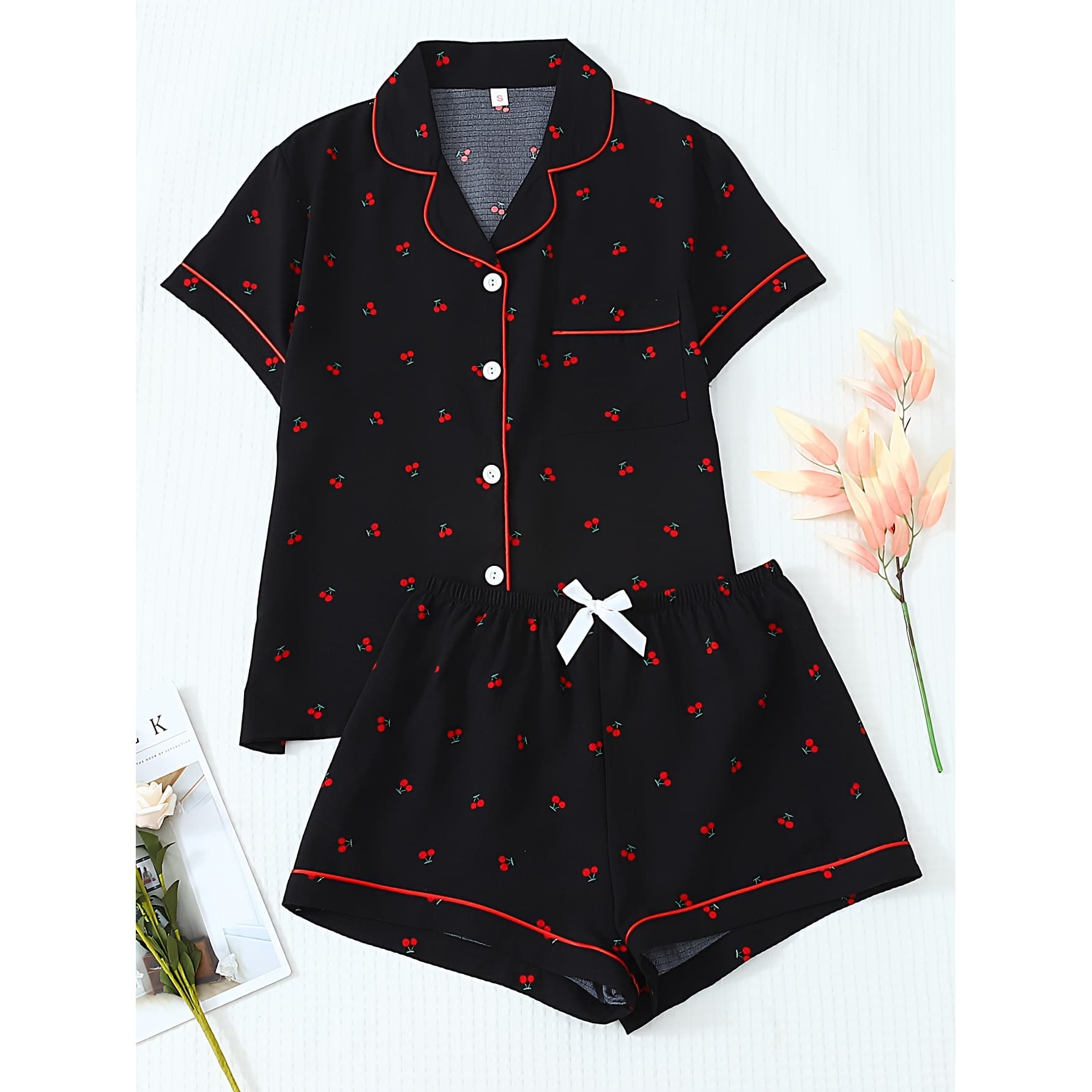 Spring and Summer Casual Home Wear Two-Piece Set for Women, Featuring a Short-Sleeved Button-Up Cardigan with a Collar, And Shorts with a Bow, in Black Cherry Print.