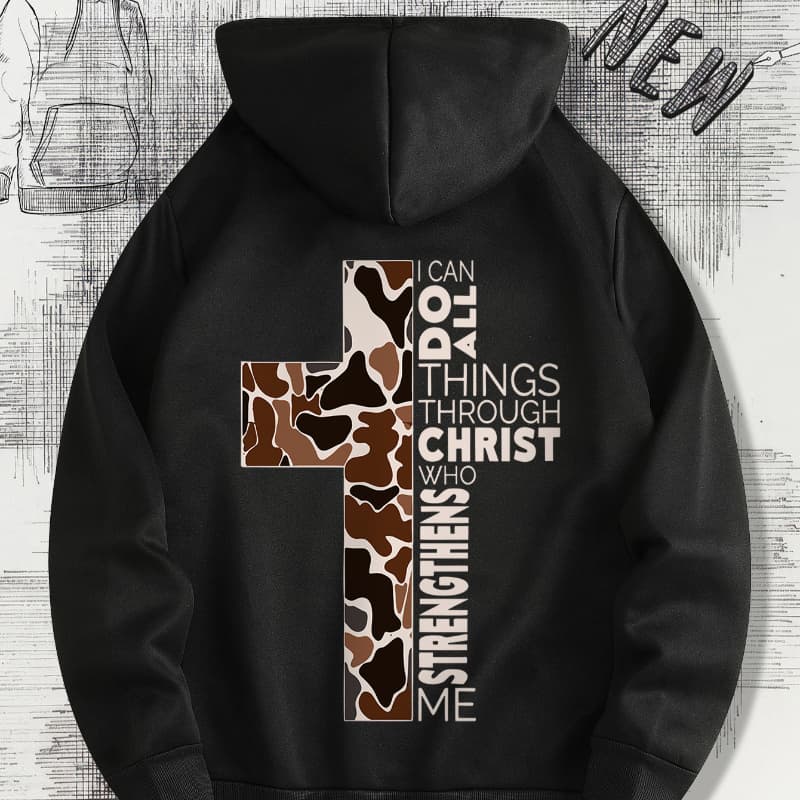 Men's Trendy Green Hoodie with Camo Cross & Letter Print - Casual Drawstring Hooded Sweatshirt with Kangaroo Pocket, Polyester, Machine Washable for Fall/Winter