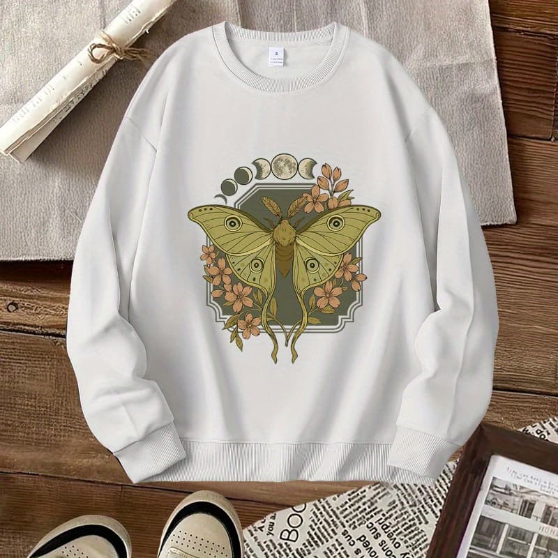 Women's Casual Crew Neck Graphic Print Sweatshirt - Moth & Floral Design with Crescent Moon & Stars, Soft Pink Long Sleeve Pullover for Spring & Fall, Machine Washable, Vibrant Floral Print Sweatshirt, Fall Fashion, Mystical Aesthetic, Comfortable Material, Printed Sweater, Boho Style Lovers - Image 1