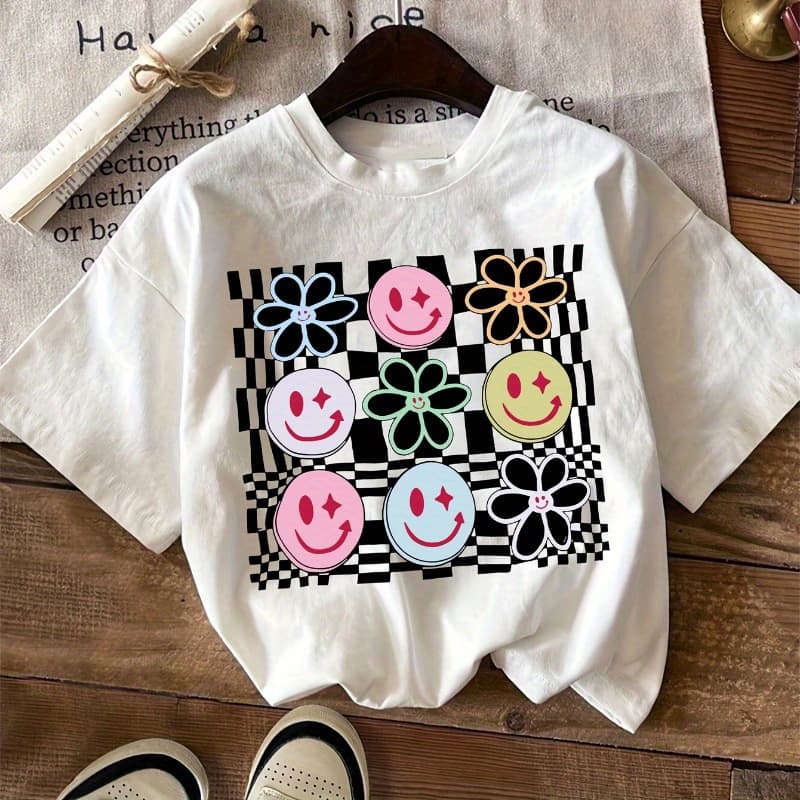 Girls' Summer Casual Short Sleeve T-Shirt - Loose Fit Round Neck Geometric Floral Print Top, Breathable 100% Cotton Machine Washable Tee for Everyday Play & Outings - Image 1