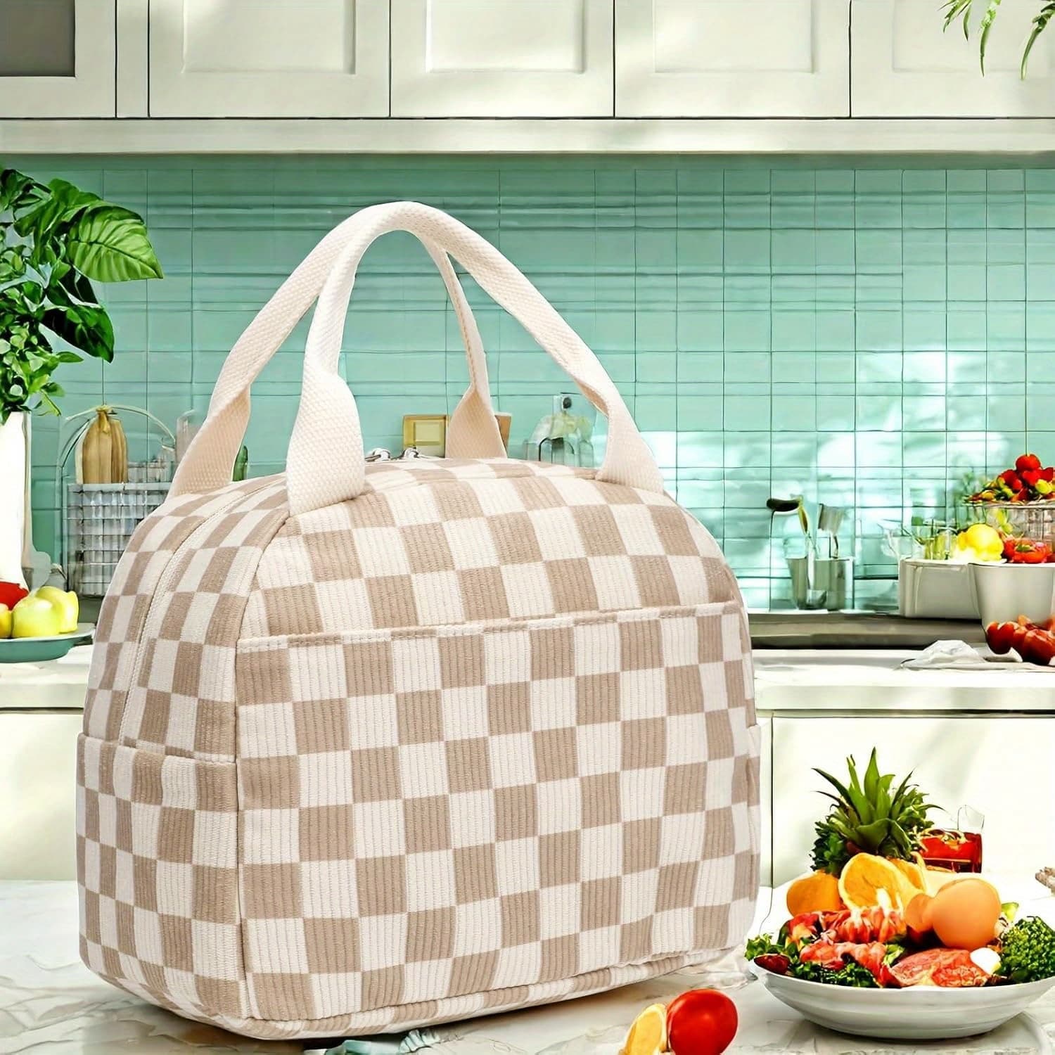 Stylish Black Corduroy Insulated Lunch Bag for Women - Leak-Proof Lightweight Design with Adjustable Shoulder Strap & Zipper Closure, Hand Washable Polyester Rectangular Lunch Tote for Work, Travel, Picnics, Cute Lunch Bag, Picnic Essentials, Checkered Pattern, Durable Insulation, Travel Essentials - Image 1