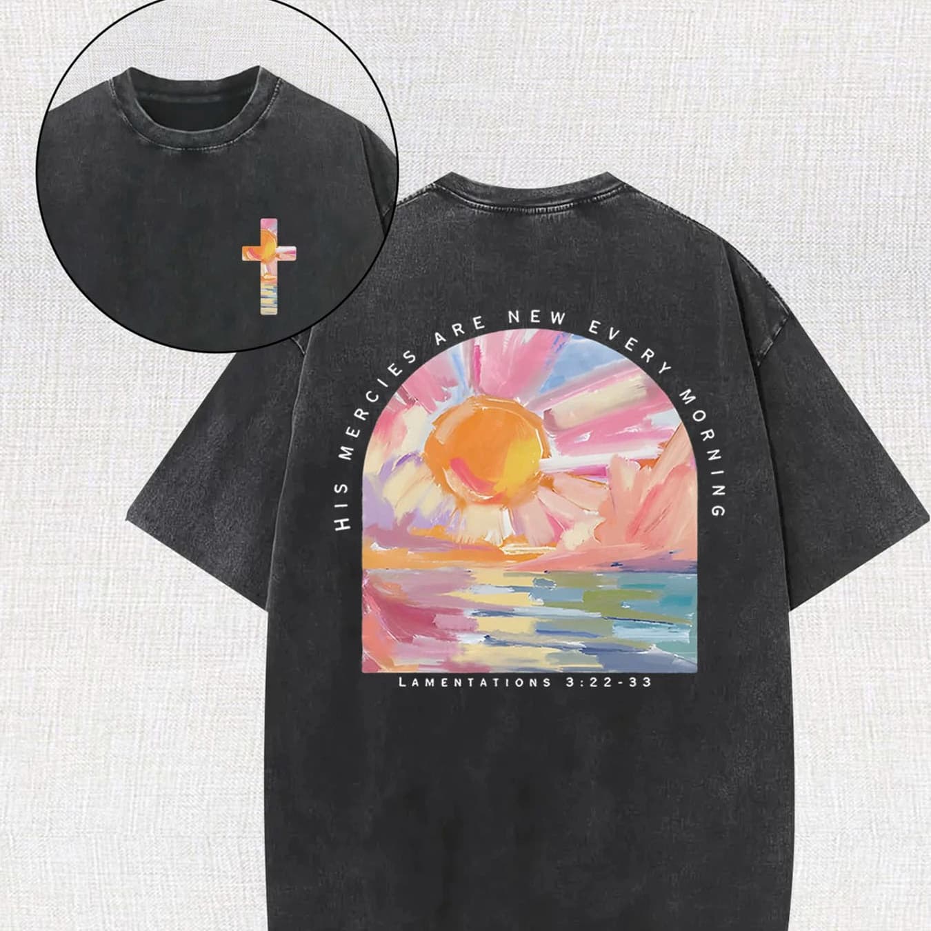 Men's Y2K Streetwear 230G Heavyweight Cotton T-Shirt - Dual-Sided Washed Vintage Look with "He Pities Every Day" Cross & Sunrise Graphic Print, Loose Fit Round Neck Short Sleeve Tee for Casual Outdoor Wear, Machine Washable, Great Gift Idea - Image 1