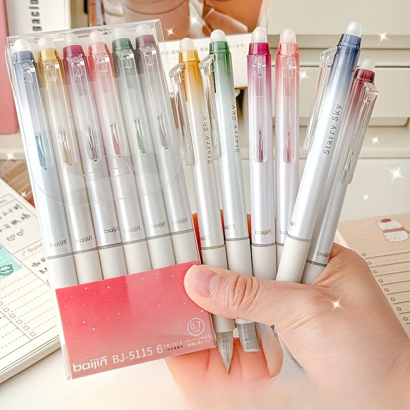 Starry Sky Erasable Gel Pens 0.7mm + Glitter Notebook Set | Multicolor Highlighters & Markers for Office, School | Planner & Journaling Essentials Gift - Image 1