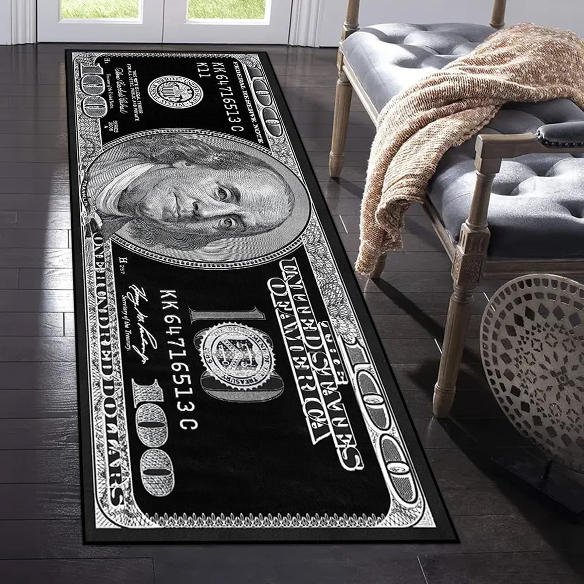 1pc Black $100 Bill Area Mat - Lightweight Polyester, Rectangular Door Mat with Intricate Dollar Design, Ideal for Entryway, Bedroom, and Indoor Decor, Indoor Mat | Decorative Floor Covering | Durable Floor Mat, Large Area Mat - Image 1