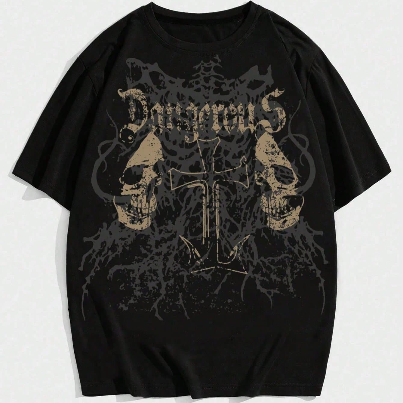 Men's Gothic Punk T-Shirt | 100% Cotton Crew Neck | Bold Skull & Cross Print | Casual Loose Fit | Durable Double-Stitched Hem and Sleeves | Machine Washable | All-Season Comfort, Casual Wear|Grunge Style|Cotton Jersey Knit, Vintage T Shirts - Image 1
