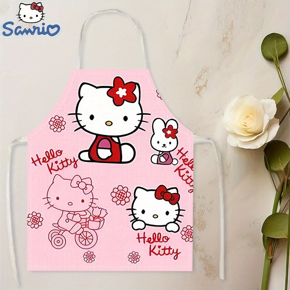 For Hello Kitty Apron for Cooking and Baking - Cute Pink Polyester Kitchen Attire with Floral Pattern, Durable Fabric, 200g/m², 21.7x26.8 Inches, Perfect for Family Activities, Baking Attire | Floral Pattern Apron | Durable Kitchenwear, Baking Accessorie - Image 1