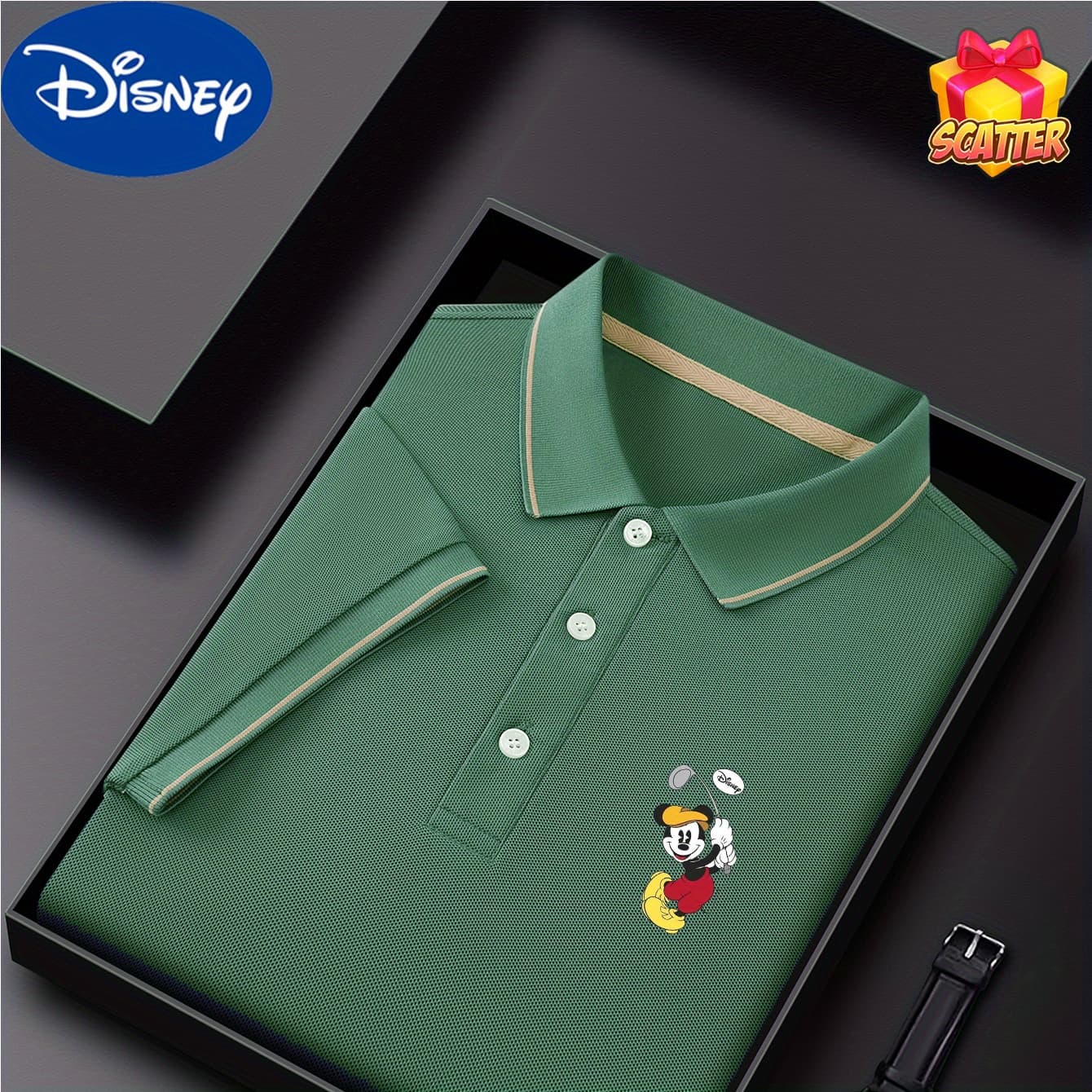 Disney Mickey Golf Shape Printed Short Sleeve Shirt Premium Business Casual, Short Sleeve Color Collar Design, Lightweight Polyester, Quick Drying and Breathable Golf Shirt, Comes in a Display Gift Box, Fashionable to Wear in Summer Suitabl