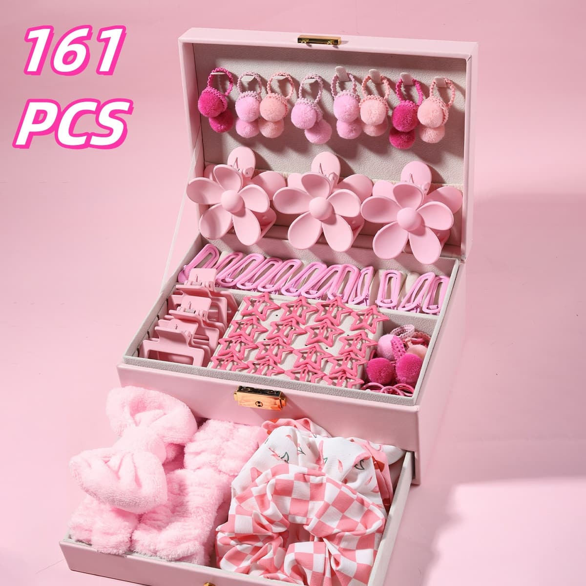 1 set of 161pcs pink hair accessories for women, rich styles and various sizes, essential spa headband, wristband, makeup & travel kit, perfect gift for Valentine's Day or wedding favors, no box included