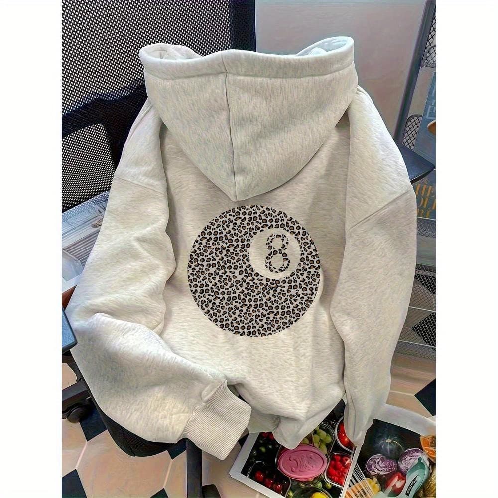 Women'S Sporty Letter Print Hoodie - Cozy Fleece-Lined Sweatshirt with Kangaroo Pocket, White with Black Geometric Design, Perfect for Fall/Winter Casual Wear, Winter Casual Wear | Trendy Casual Hoodie | Stretchy Fabric Hoodie