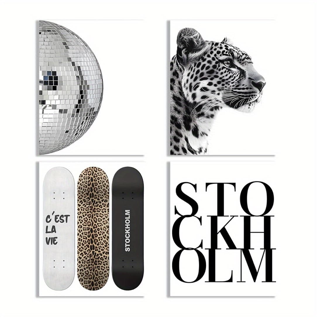 4pcs Cheetah Skateboard Poster Set - Frameless 8x10 Inch Wall Art for Bathroom, Living Room, or Flat Decor, Vibrant Animal Print Design, Bathroom Wall Art|Vibrant Wall Art|Textured Surface