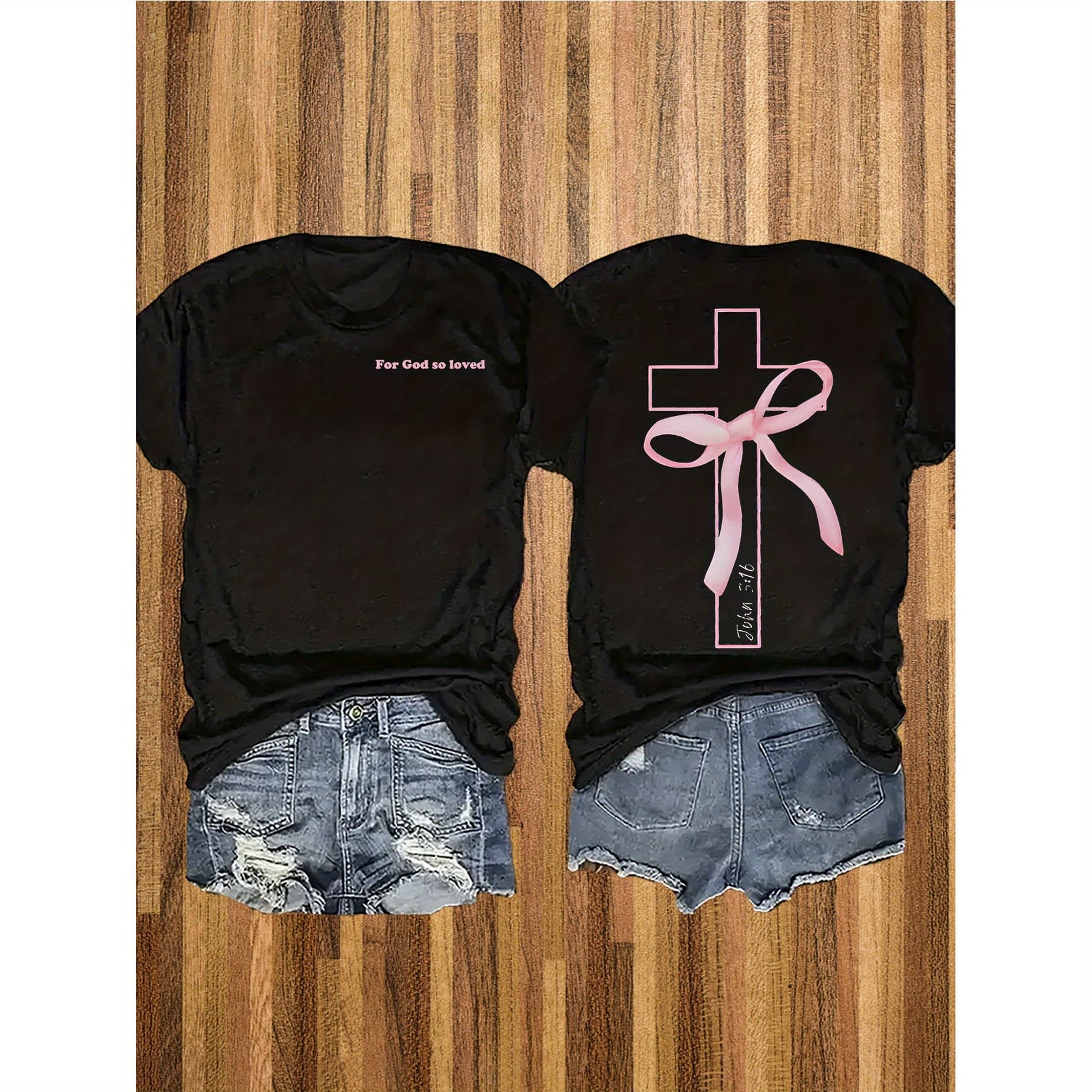 180g Because God is Loved Like This, Cross, Bowknot, Unique Women'S T-Shirt, 180g Pure Double-Sided Printed Round Neck Short Sleeve T-Shirt, Casual Printed T-Shirt, Fashion Single Piece - Image 1