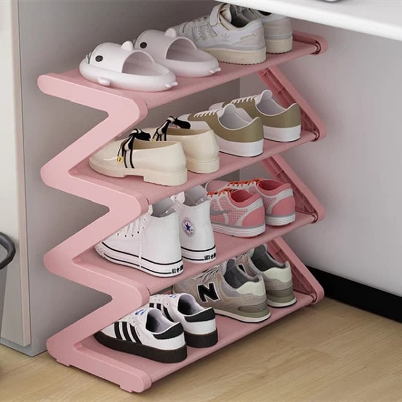 1pc 4-Tier Large Size Z-Shaped Shoe Rack, Easy Assembly No Tools Required, Pink Plastic Stackable Storage Organizer for Home, Dorm, and Living Room, Space-Saving Floor Design, Shoe Storage Organizer - Image 1