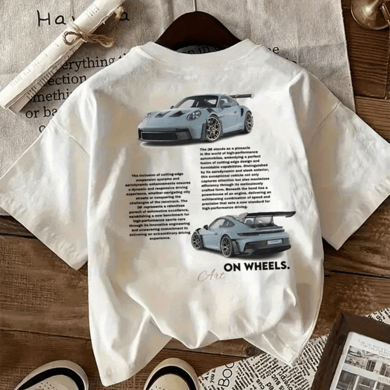 Women's Casual Graphic Print T-Shirt - White Relaxed Fit Short Sleeve Round Neck Top with Sports Car Design & "On Wheels" Text, Spring Summer Machine Washable Tee, Ladies T Shirts, Leisure Clothing, Modern Aesthetic, Comfortable Fabric